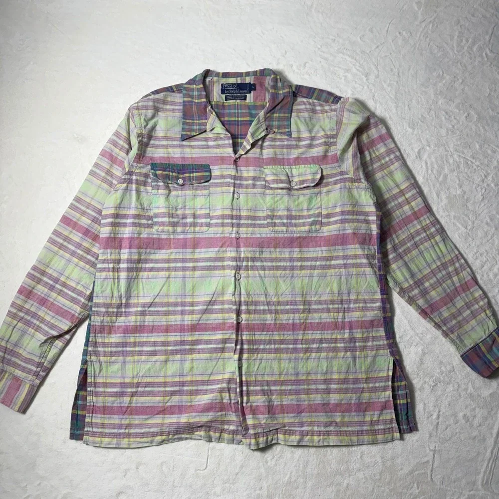 Polo Ralph Lauren Men Madras Plaid Hand Woven Long Sleeve Button Up Shirt Size L